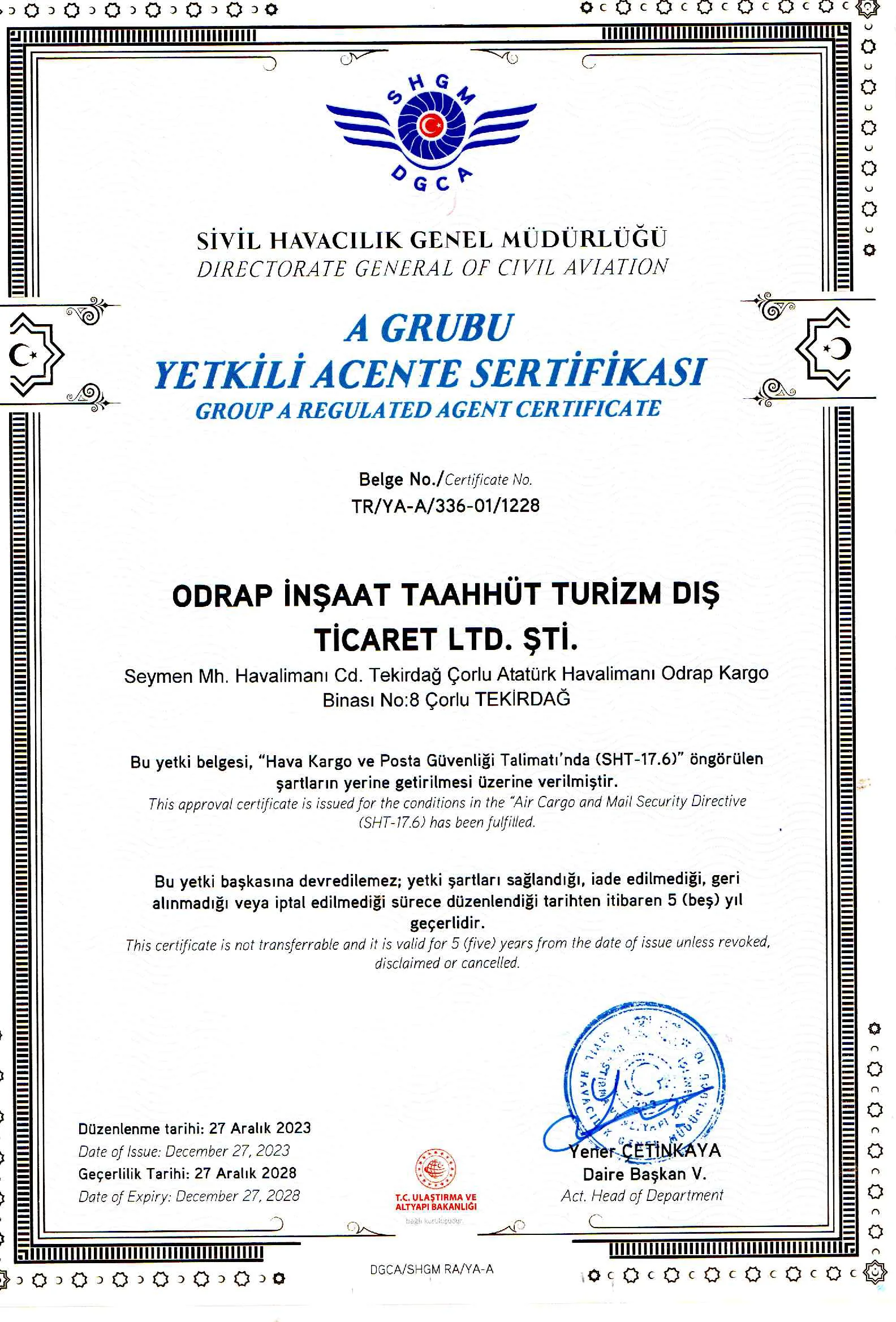 SHGM tarafından verilen A Grubu Yetkili Acente Sertifikası’nın taraması